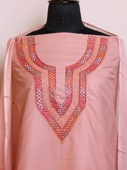 Pinkish 3PC Cotton Kashmiri Suit With Dupatta | Hand Sozni and Tilla embroidery - Nowhatta Collection
