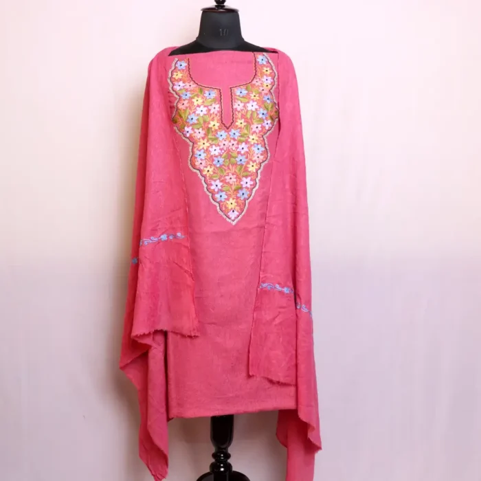 Pink 3pc Crush Cotton Kashmiri Suit With Dupatta and Aari Embroidery - Dal Gate Collection - Image 2