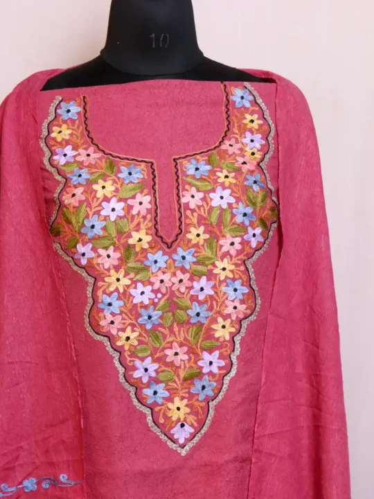 Pink 3pc Crush Cotton Kashmiri Suit With Dupatta and Aari Embroidery - Dal Gate Collection