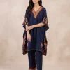Kashmiri Side Panel Dark Blue Kaftan Set in Summer Cool Fabric - Nowhatta Collection