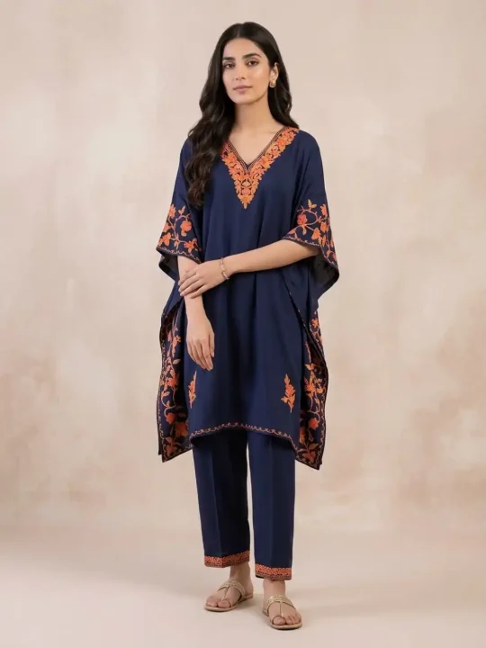 Kashmiri Side Panel Dark Blue Kaftan Set in Summer Cool Fabric - Nowhatta Collection