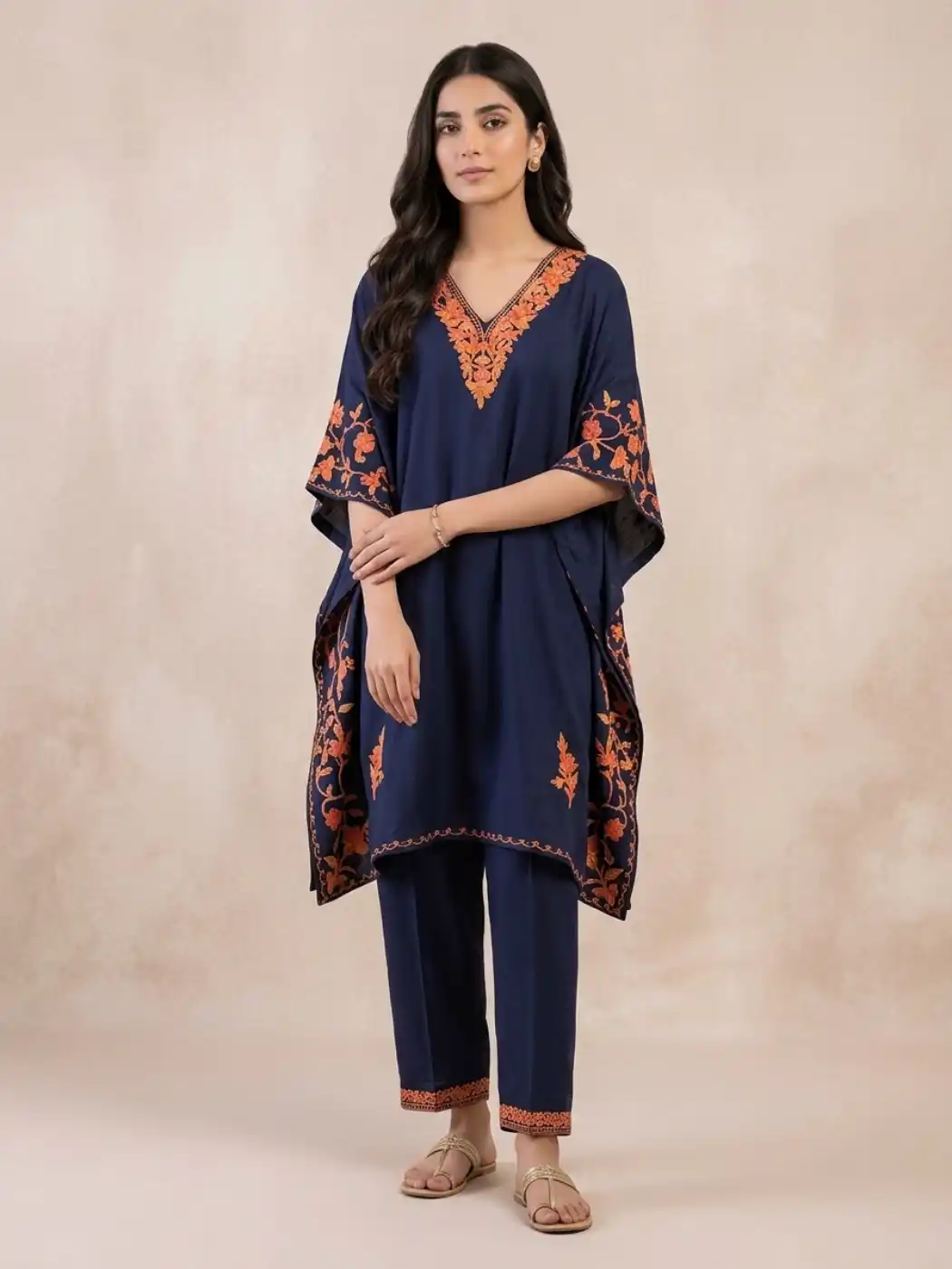 Kashmiri Side Panel Dark Blue Kaftan Set in Summer Cool Fabric - Nowhatta Collection