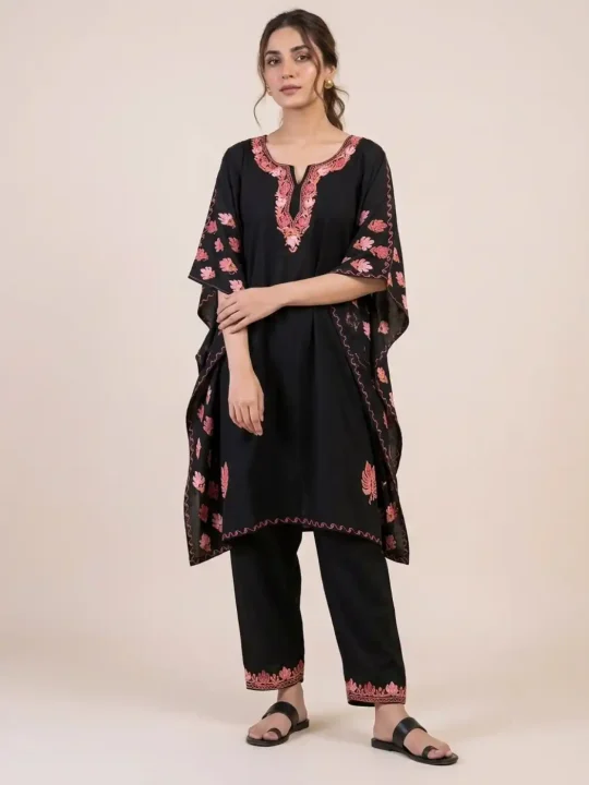 Kashmiri Side Panel Black Summer Cool Kaftan Set with Aari Work - Nowhatta Collection