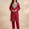 Maroon Color Cotton Kurta | Co-ord Set with Aari Embroidery - Baghmehtab Collection