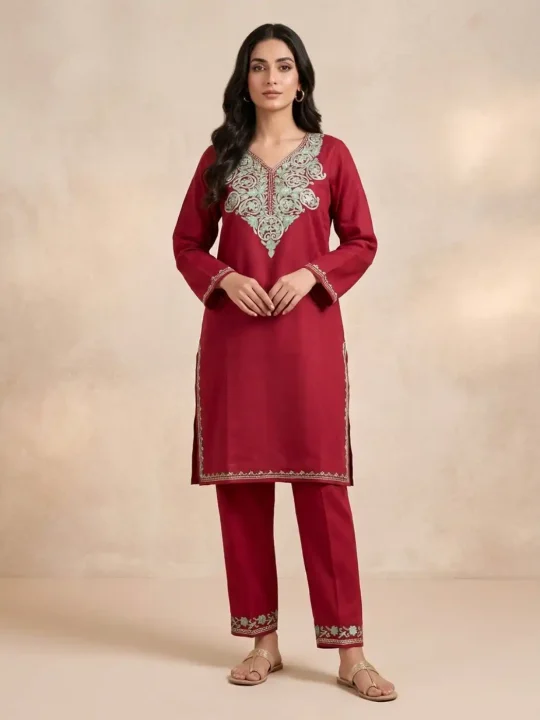 Maroon Color Cotton Kurta | Co-ord Set with Aari Embroidery - Baghmehtab Collection