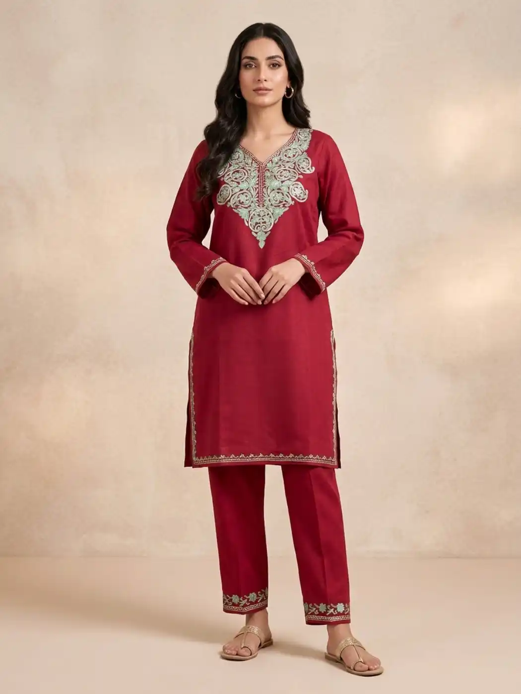 Maroon Color Cotton Kurta | Co-ord Set with Aari Embroidery - Baghmehtab Collection