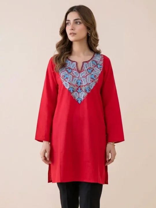 Red Kashmiri Work Top with Aari Embroidery