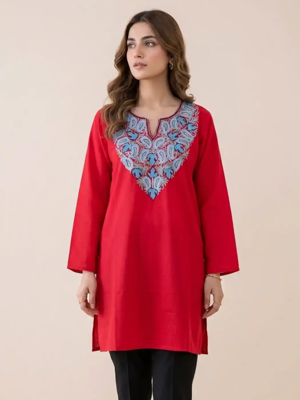 Red Kashmiri Work Top with Aari Embroidery