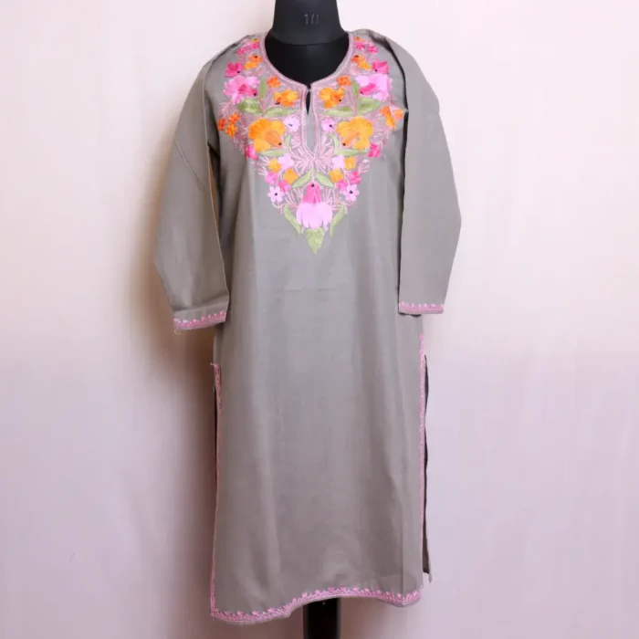 Elegant Cotton Kashmiri Grey Kurti for Summer with Aari Embroidery - Nowhatta Collection - Image 2