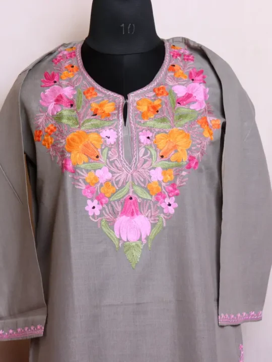 Elegant Cotton Kashmiri Grey Kurti for Summer with Aari Embroidery - Nowhatta Collection