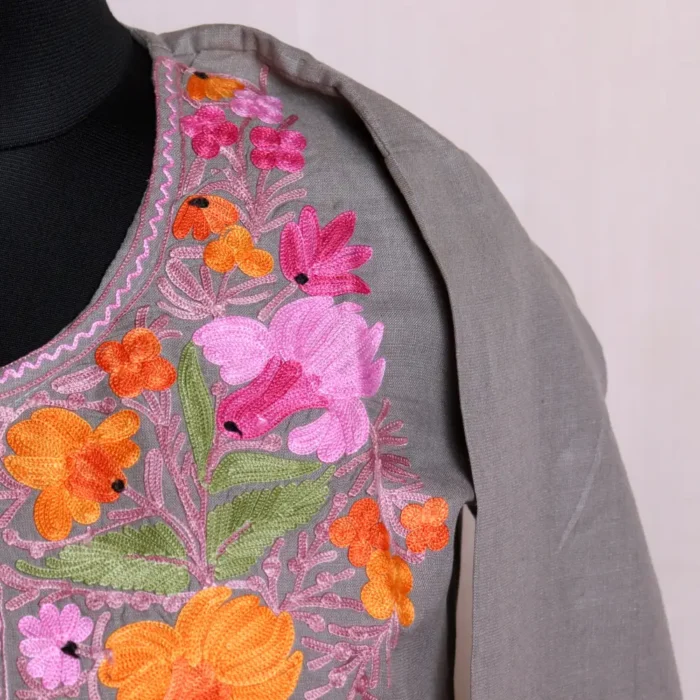 Elegant Cotton Kashmiri Grey Kurti for Summer with Aari Embroidery - Nowhatta Collection - Image 3