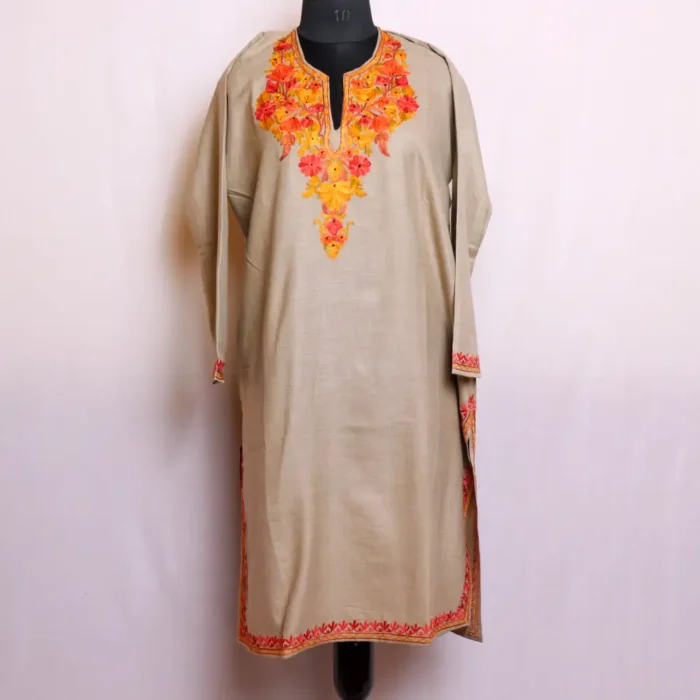 Soft and Stylish Beige Cotton Kashmiri Kurti for Summer - Nowhatta Collection - Image 2
