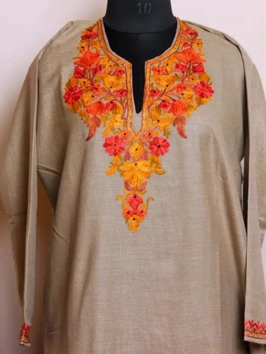 Soft and Stylish Beige Cotton Kashmiri Kurti for Summer - Nowhatta Collection