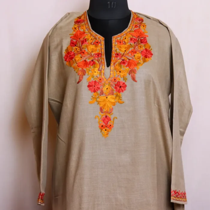 Soft and Stylish Beige Cotton Kashmiri Kurti for Summer - Nowhatta Collection