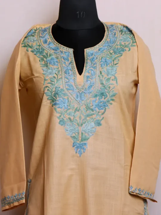 Simple and Elegant Beige Color Cotton Kashmiri Kurti - Nowhatta Collection