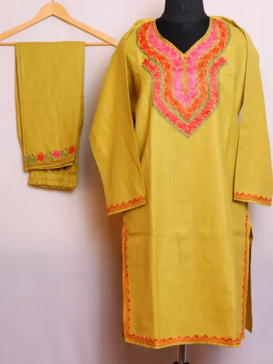 Mustard Kashmiri Cotton Kurta | Co-ord Set with Aari Embroidery - Nowhatta Collection