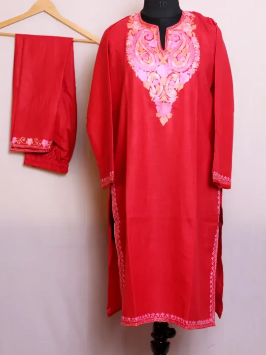 Red Color Cotton Kurta | Co-ord Set with Aari Embroidery - Baghmehtab Collection