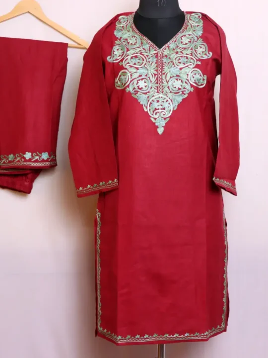 Maroon Color Cotton Kurta | Co-ord Set with Aari Embroidery - Baghmehtab Collection