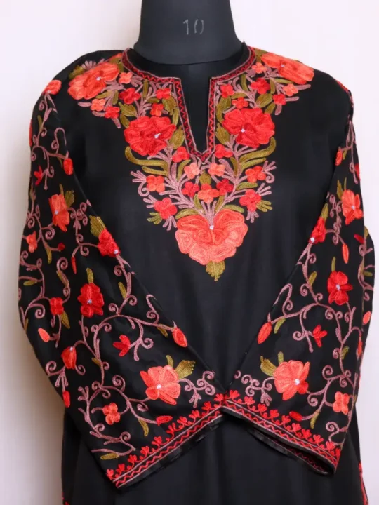 Graceful Black Cotton Kurti with Exquisite Kashmiri Aari Embroidered Sleeves - Zikar Collection