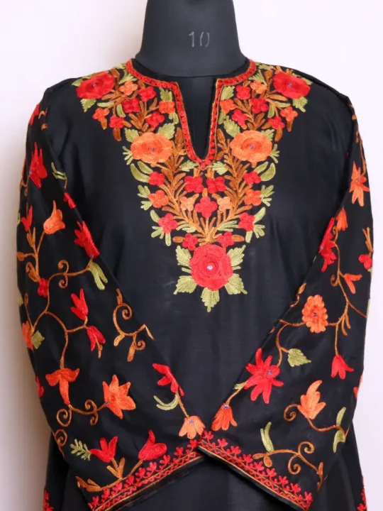 Stylish Black Kashmiri Cotton Kurti with Aari Embroidered Sleeves – Zikar Collection