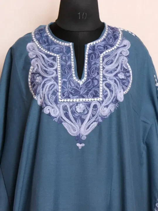 Elegant Kashmiri Summer Long Dusk Blue Kaftan Dress in Summer Cool Fabric with Aari Embroidery - Zikar Collection