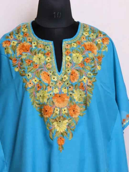 Stylish Kashmiri Summer Long Sky Blue Kaftan Dress in Breathable Summer Cool Fabric - Zikar Collection