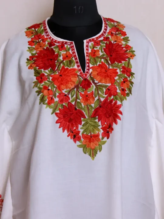 Kashmiri Summer Long Off-White Kaftan Dress with Soft Aari Embroidery - Zikar Collection