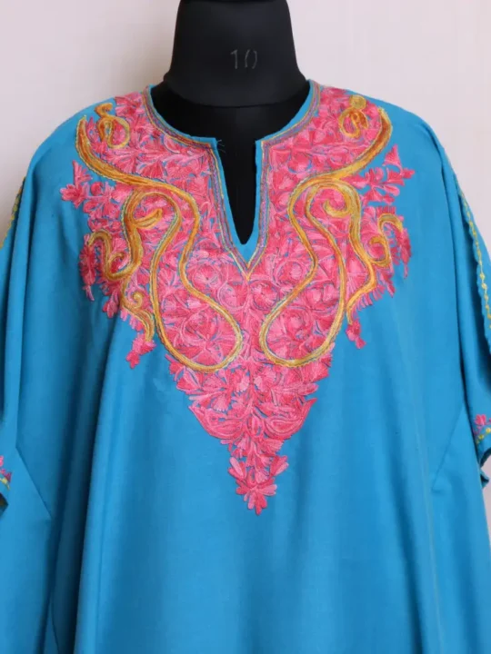 Comfortable Kashmiri Long Blue Summer Kaftan Dress in Summer Cool Fabric - Zikar Collection