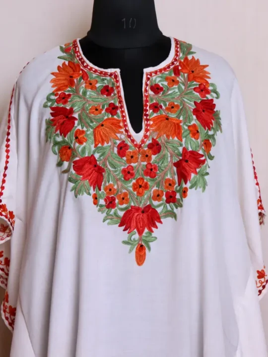 Elegant White Kashmiri Long Summer Kaftan Dress with Aari Embroidery - Zikar Collection