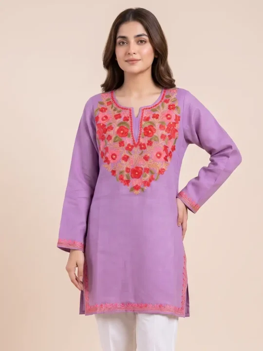 purple short kashmiri kurti with aari embroidery