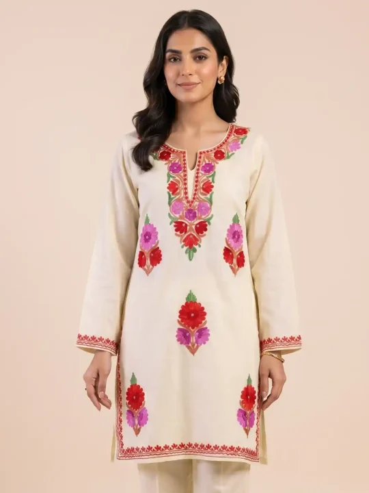 Trendy Cream Color Kashmiri Short Kurti Dress in Cotton with Fine Aari Embroidery - Zikar