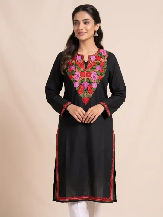 Beautiful Black Kashmiri Aari Embroidered Cotton Kurti Dress - Zikar Collection