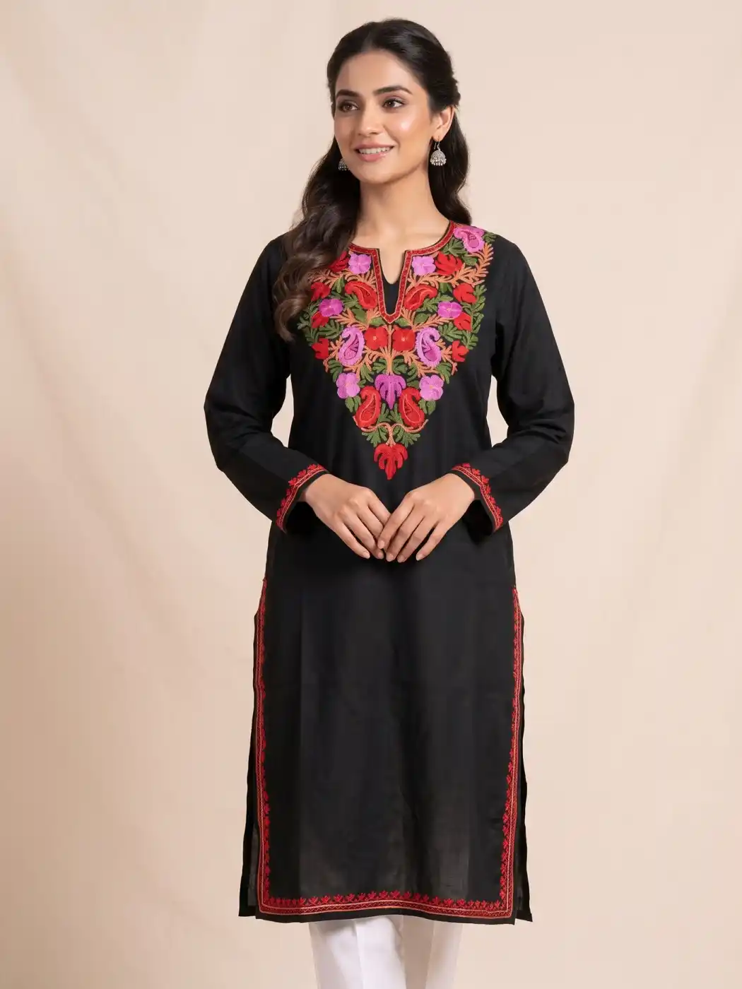 Beautiful Black Kashmiri Aari Embroidered Cotton Kurti Dress - Zikar Collection