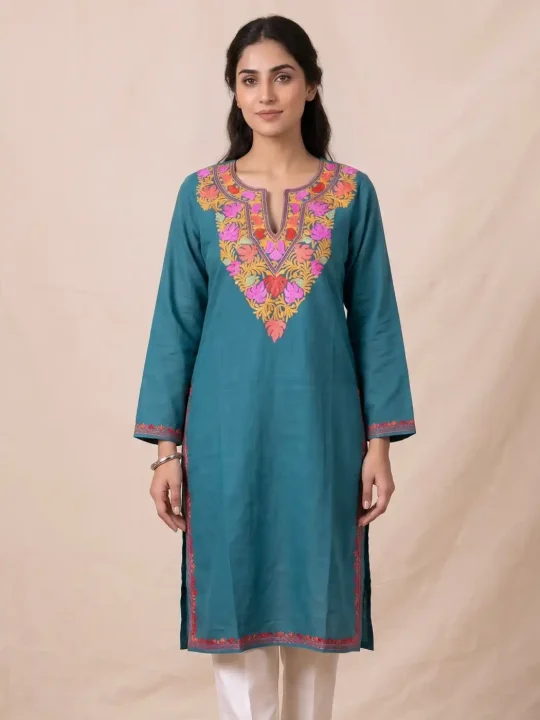 blue kashmiri kurti with aari embroidery
