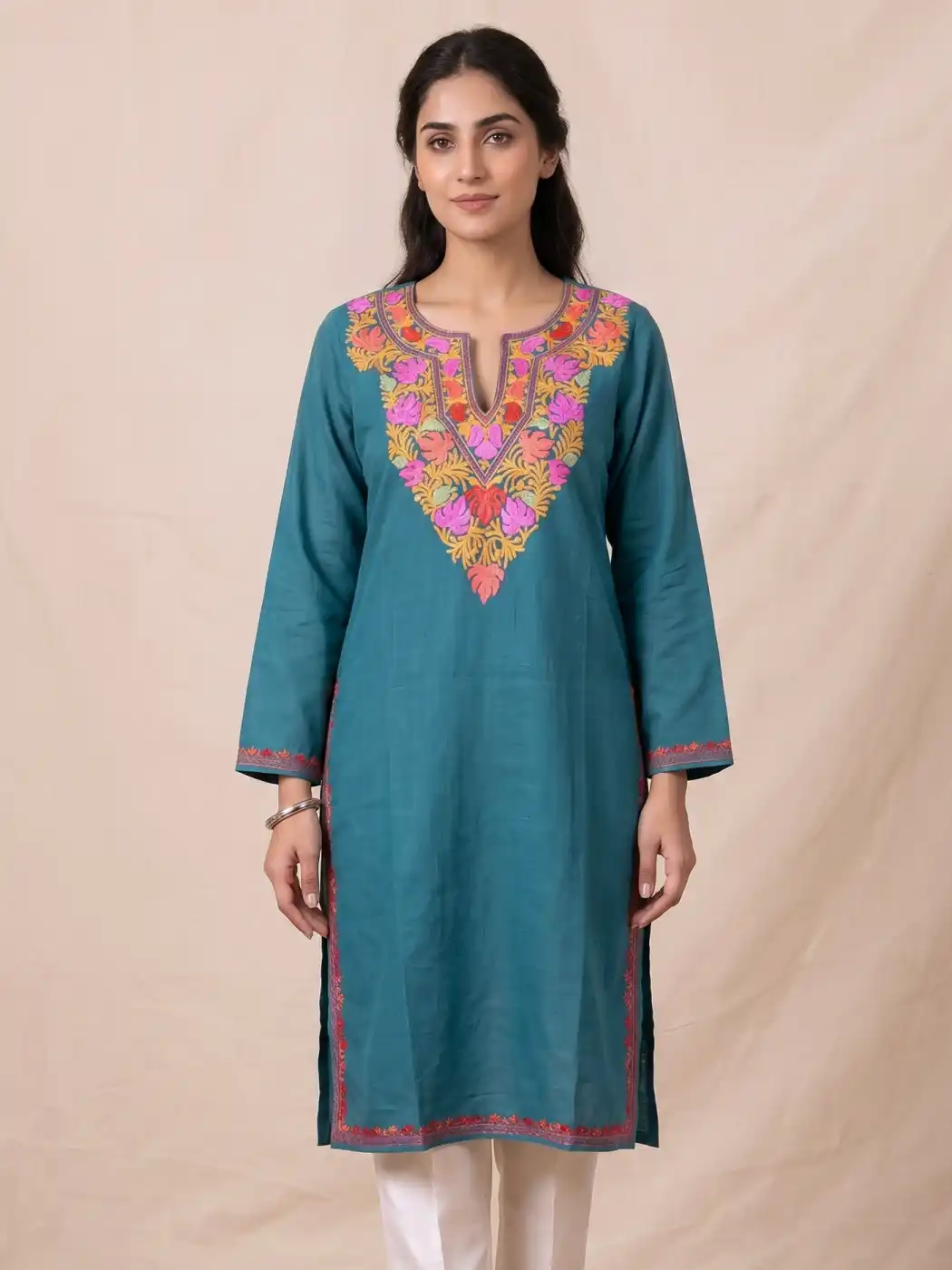 blue kashmiri kurti with aari embroidery