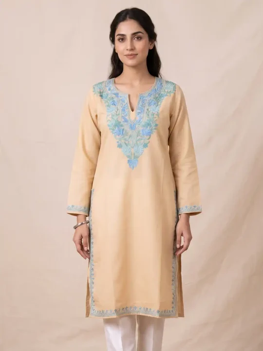 pale yellow kashmiri kurti with aari embroidery