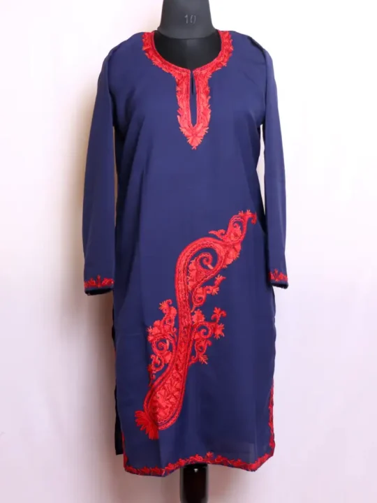 Dark Blue Summer Cool Kashmiri Hand Aari Work Kurta - Nowhatta Collection