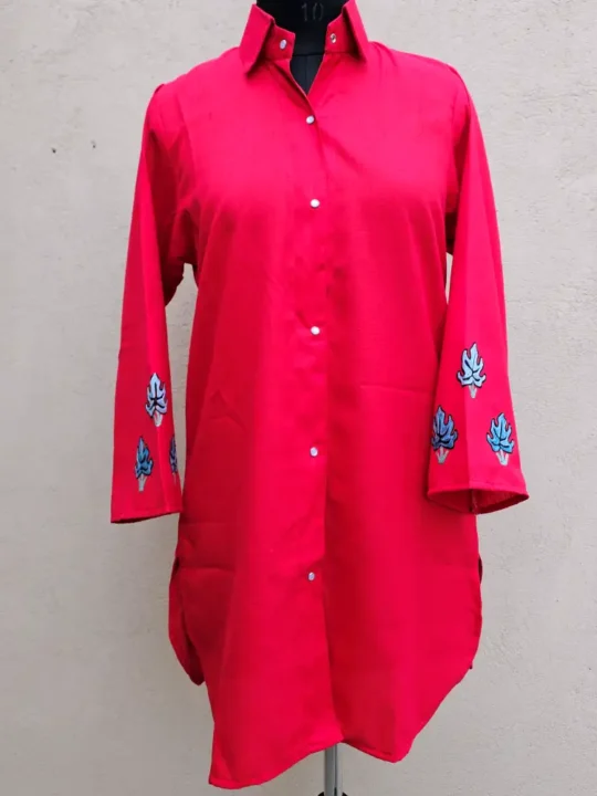 Red Western Top with Aari Embroidery | Collar Style with Buttons