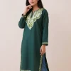 Trendy Kashmiri Dark Green Kurti Dress in Cotton with Aari Detailing - Zikar Collection
