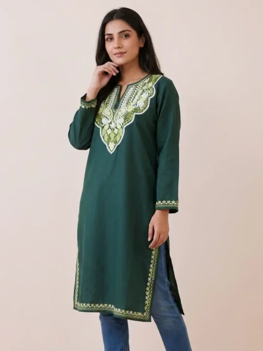 Trendy Kashmiri Dark Green Kurti Dress in Cotton with Aari Detailing - Zikar Collection