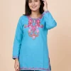 Sky Blue Summer Cool Short Kurti with Traditional Kashmiri Aari Embroidery