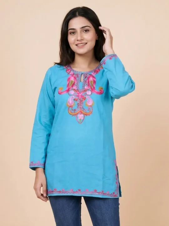 Sky Blue Summer Cool Short Kurti with Traditional Kashmiri Aari Embroidery