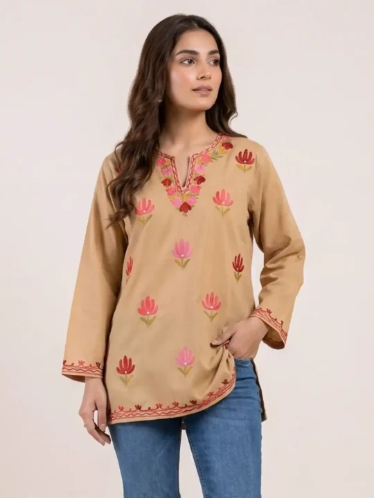 Adorable Summer Cool Beige Colored Short Kurti with Beautiful Kashmiri Aari Embroidery - Baghmehtab Collection