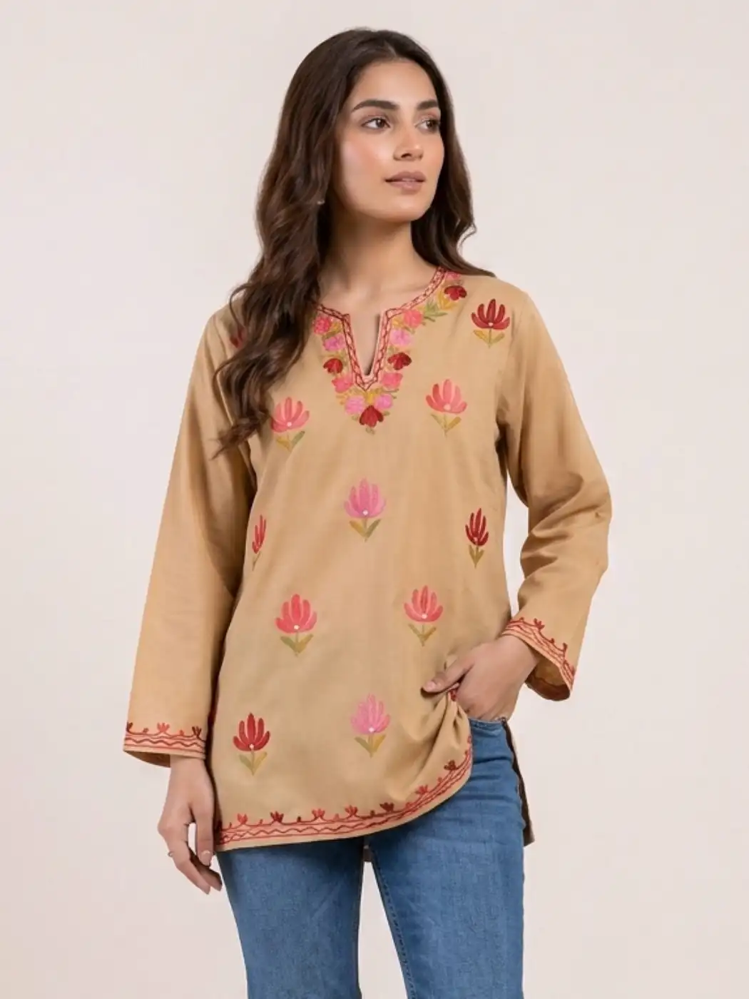 Adorable Summer Cool Beige Colored Short Kurti with Beautiful Kashmiri Aari Embroidery - Baghmehtab Collection