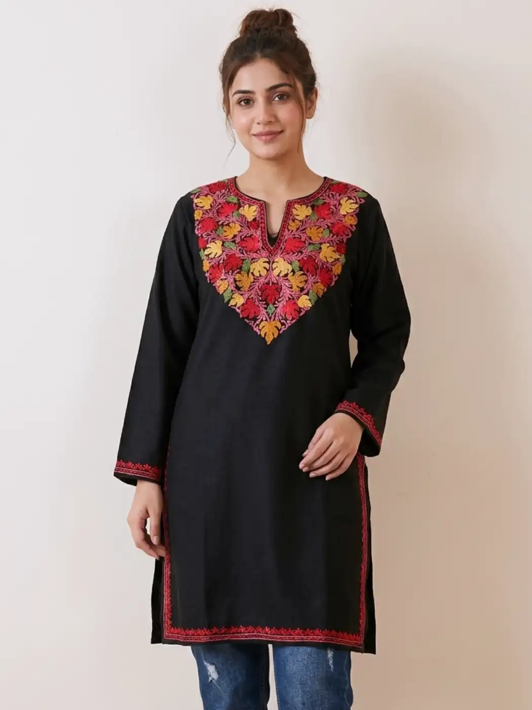 Black Kashmiri Cotton Kurti Dress with Aari Embroidery