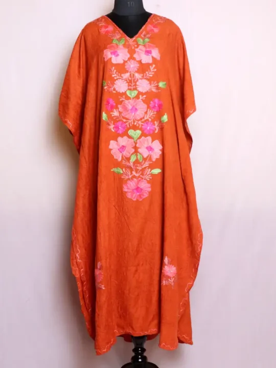 Elegant Rustic Orange Cotton Kashmiri Long Kaftan with Aari Embroidery - Dalgate Collection