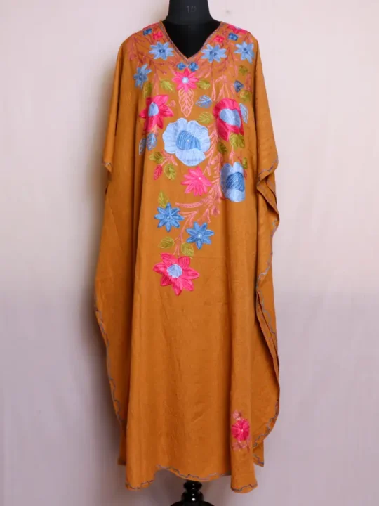 Breathable Chocolate Brown Crush Cotton Long Kaftan with Aari Work - Dalgate Collection