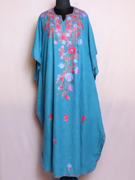 Lightweight Crush Cotton Blue Kashmiri Long Kaftan - Dalgate Collection