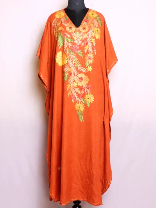 Simple and Elegant Kashmiri Long Rustic Orange Kaftan with Aari Embroidery - Dalgate Collection
