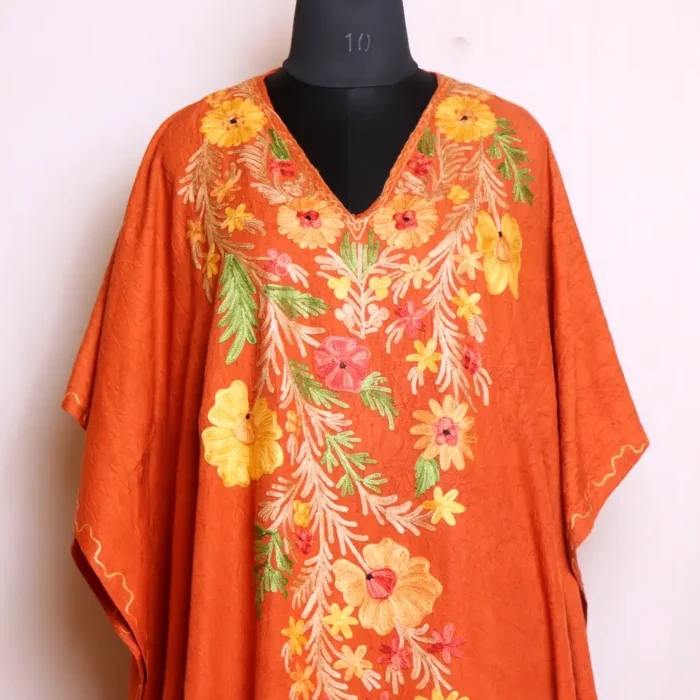 Simple and Elegant Kashmiri Long Rustic Orange Kaftan with Aari Embroidery - Dalgate Collection - Image 2